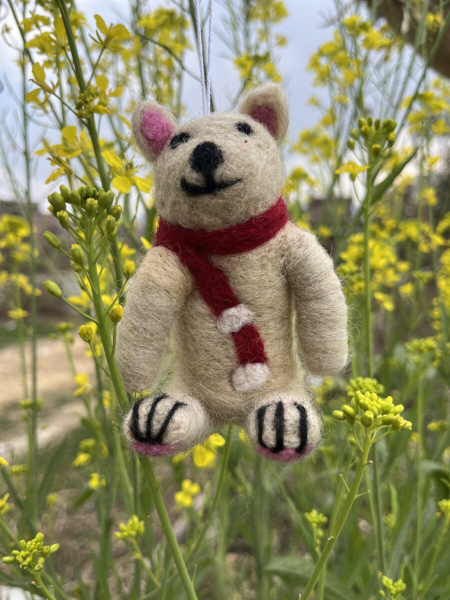 Handmade Felt Polar Bear Ornament with Red Scarf – 100% Wool Christmas Decoration from Nepal