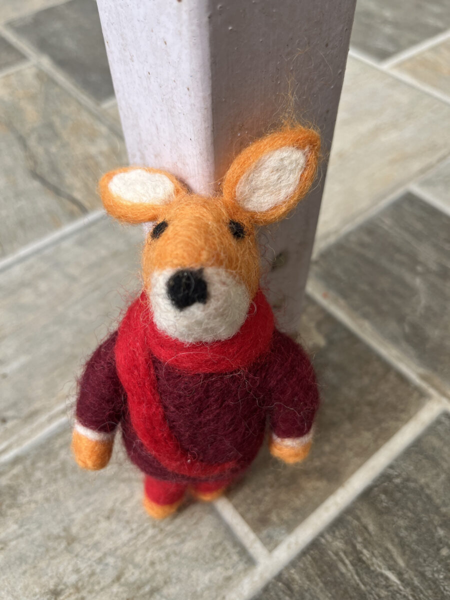 Handmade Felt Kangaroo Ornament – 100% Wool Christmas Decoration with Red Scarf