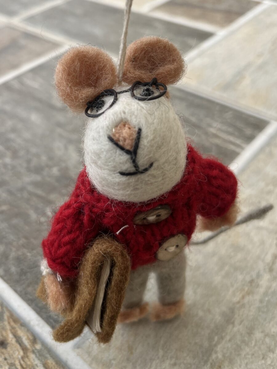 Handmade Felt Christmas Mouse Ornament – Scholar Style Inspired by Stuart Little, 100% Wool