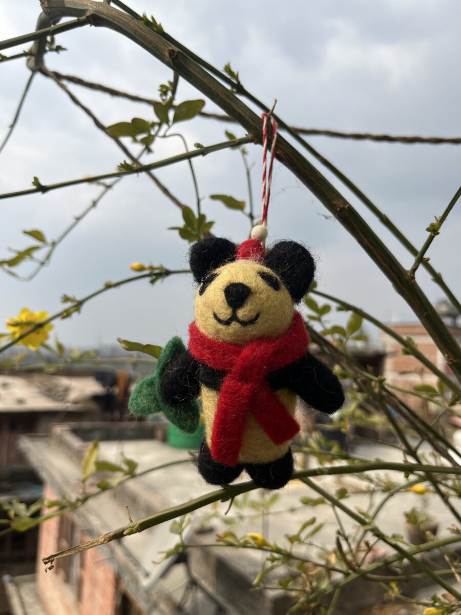 Handmade Felt Panda Ornament with Red Scarf – 100% Wool Christmas Decoration from Nepal